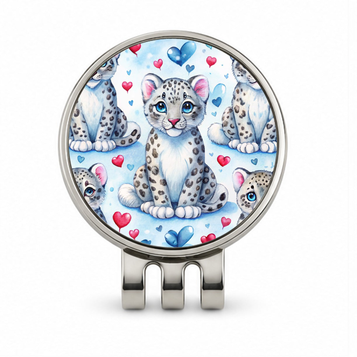 Cute Snow Leopard Hearts Watercolor Golf Hat Clip with Ball Marker
