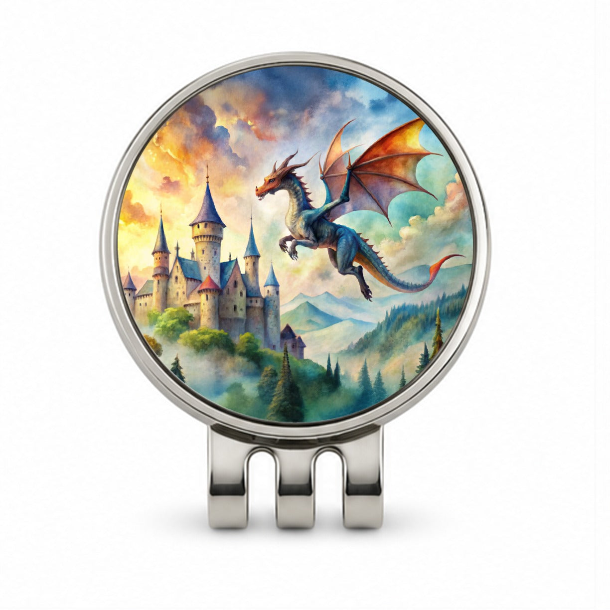 Dragon Flying Over Castle Watercolor Fantasy Golf Hat Clip with Ball Marker
