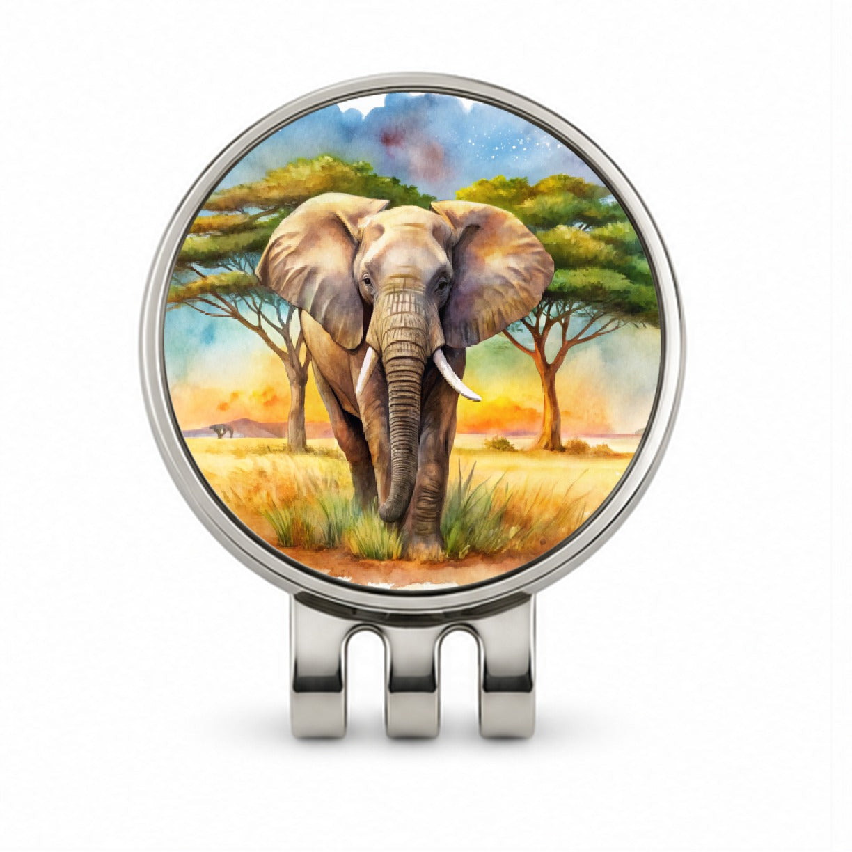 Elephant African Plain Watercolor Design Golf Hat Clip with Ball Marker