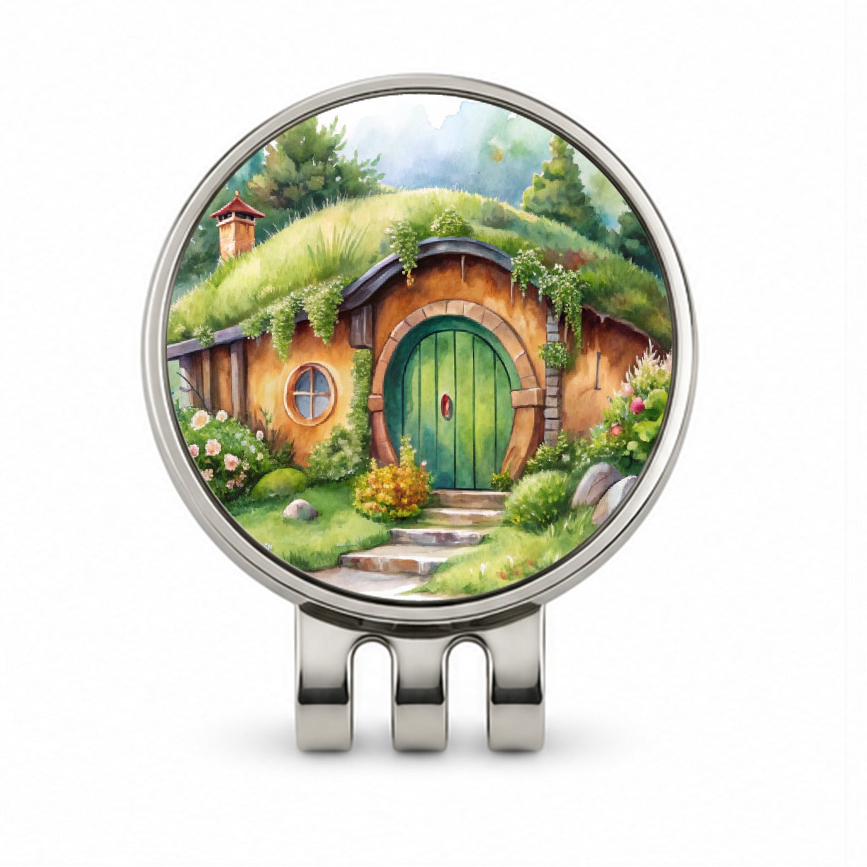 Fantasy House Grass Roof Watercolor Design Golf Hat Clip with Ball Marker