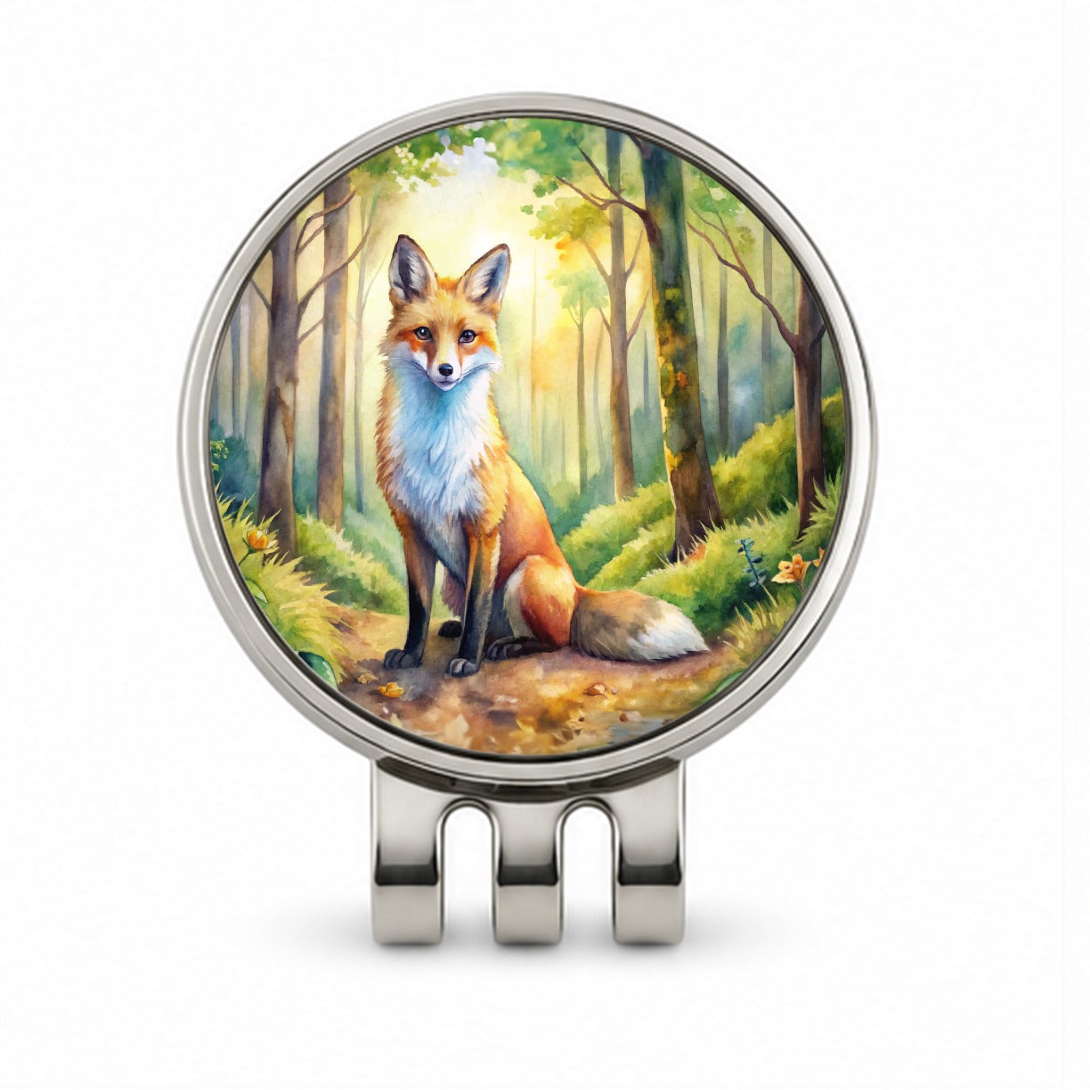 Fox Sitting In Forest Watercolor Golf Hat Clip with Ball Marker