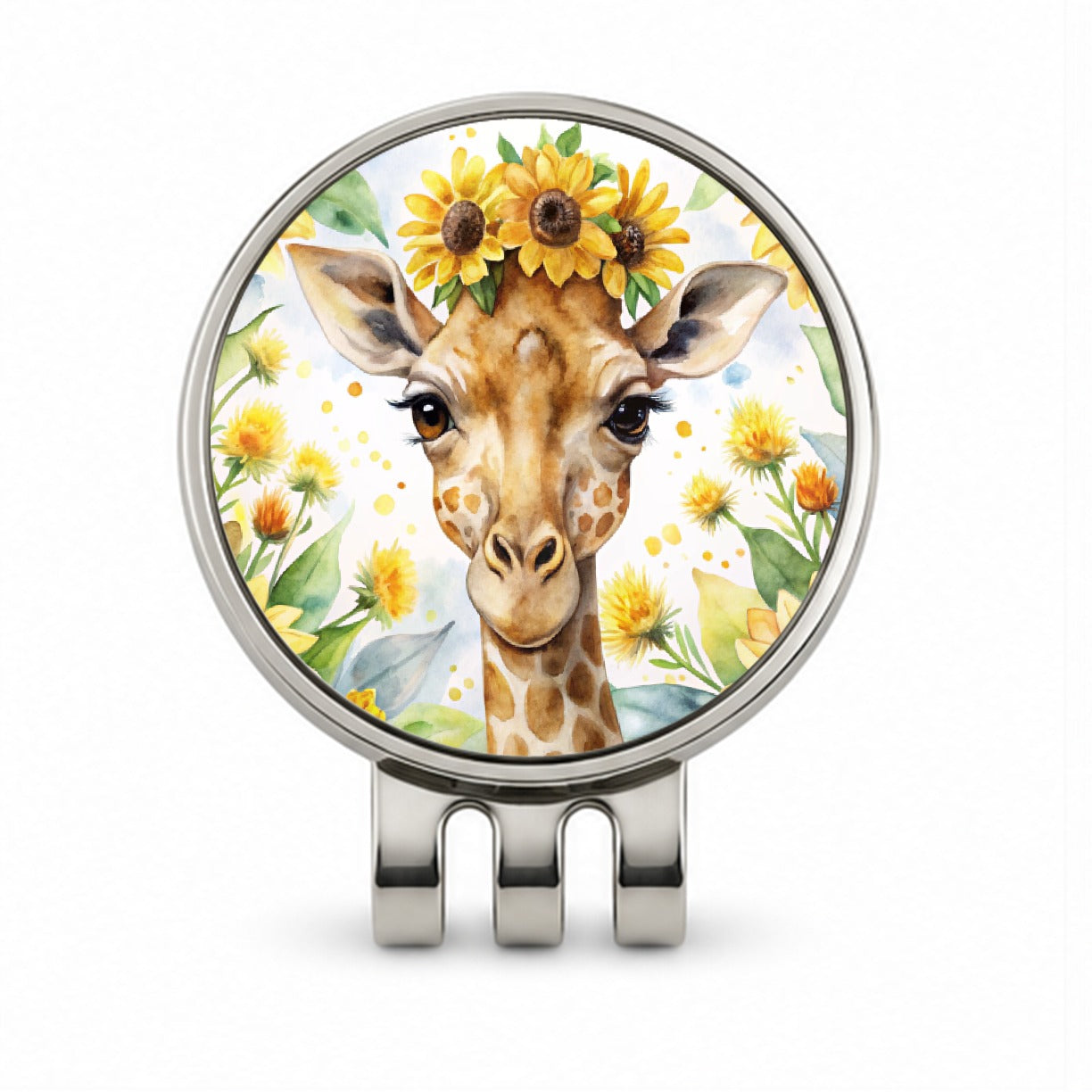 Giraffe Watercolor Design With Sunflowers Golf Hat Clip with Ball Marker