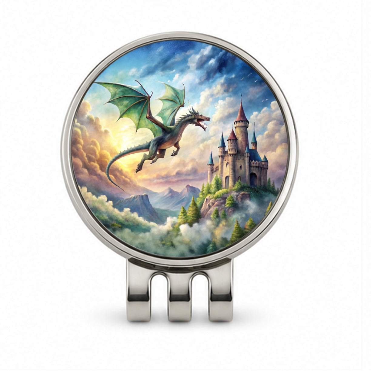 Green Dragon Flying Over Castle Watercolor Fantasy Golf Hat Clip with Ball Marker