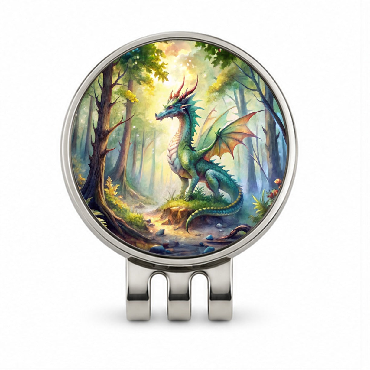 Green Dragon In Forest Watercolor Fantasy Golf Hat Clip with Ball Marker