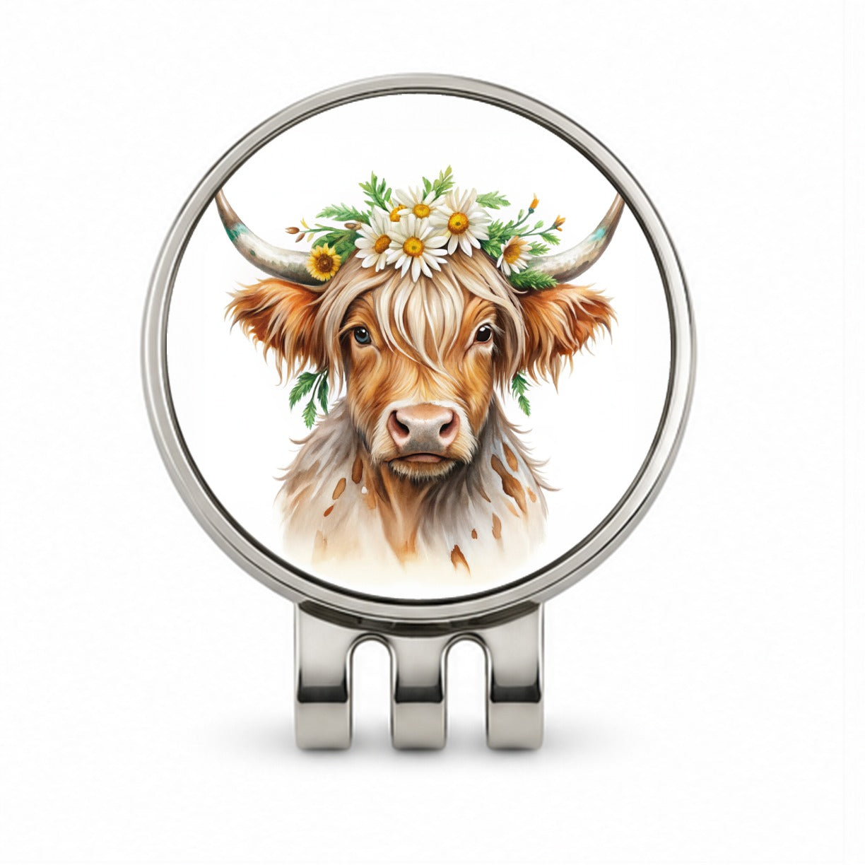 Highland Cow Watercolor Design With Daisies Golf Hat Clip with Ball Marker