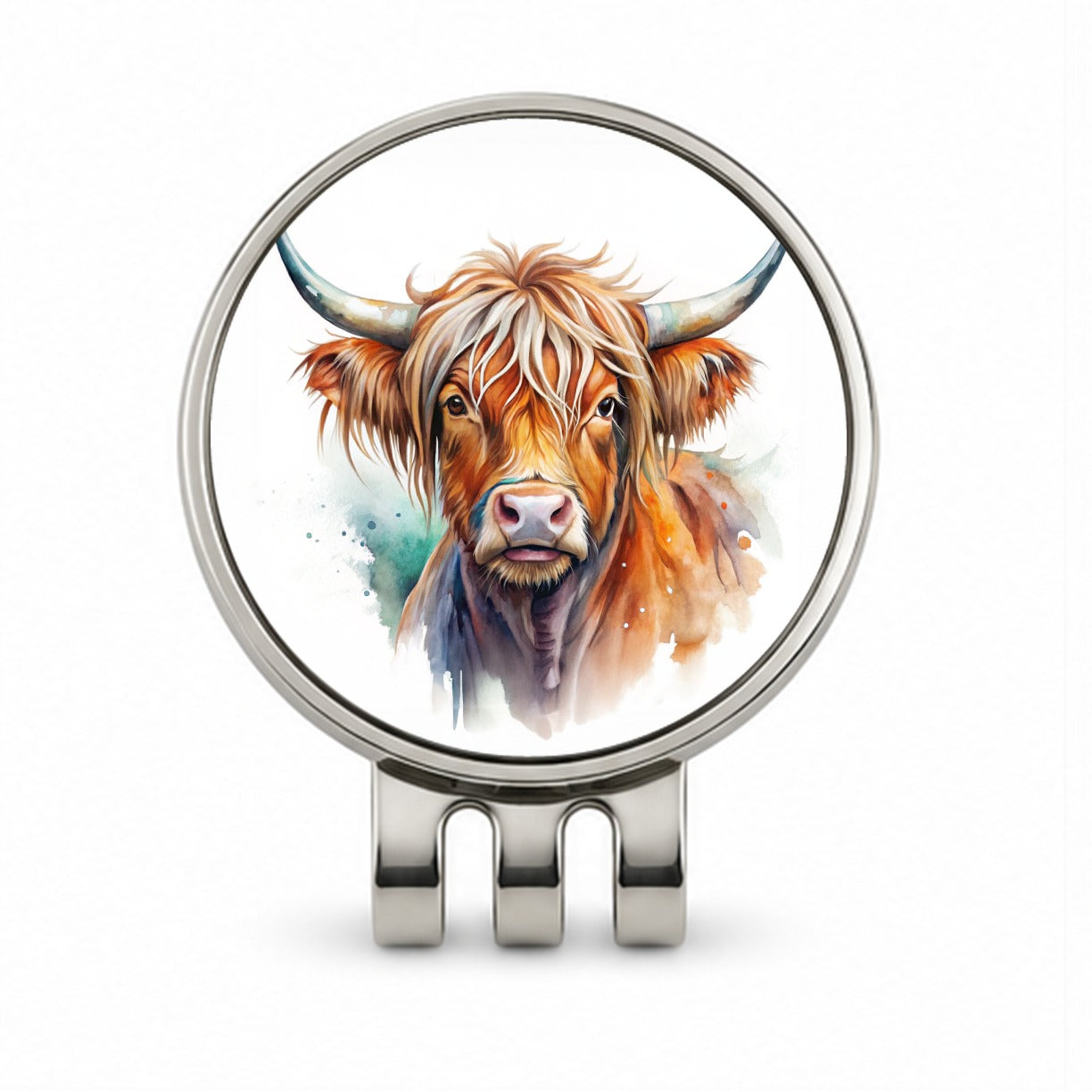 Highland Cow Watercolor Design Golf Hat Clip with Ball Marker