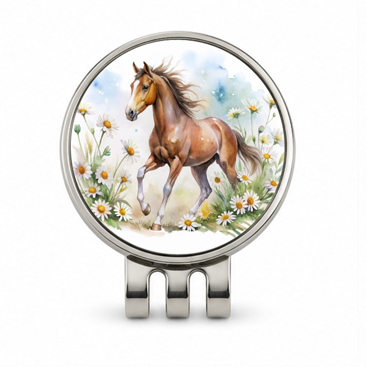 Horse Watercolor Design With Daisies Golf Hat Clip with Ball Marker