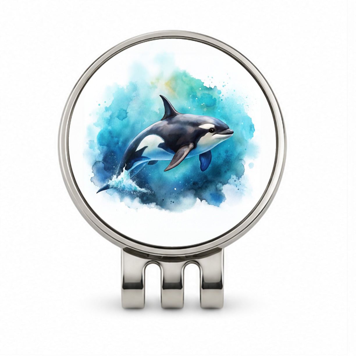 Orca Whale In Ocean Watercolor Design Golf Hat Clip with Ball Marker