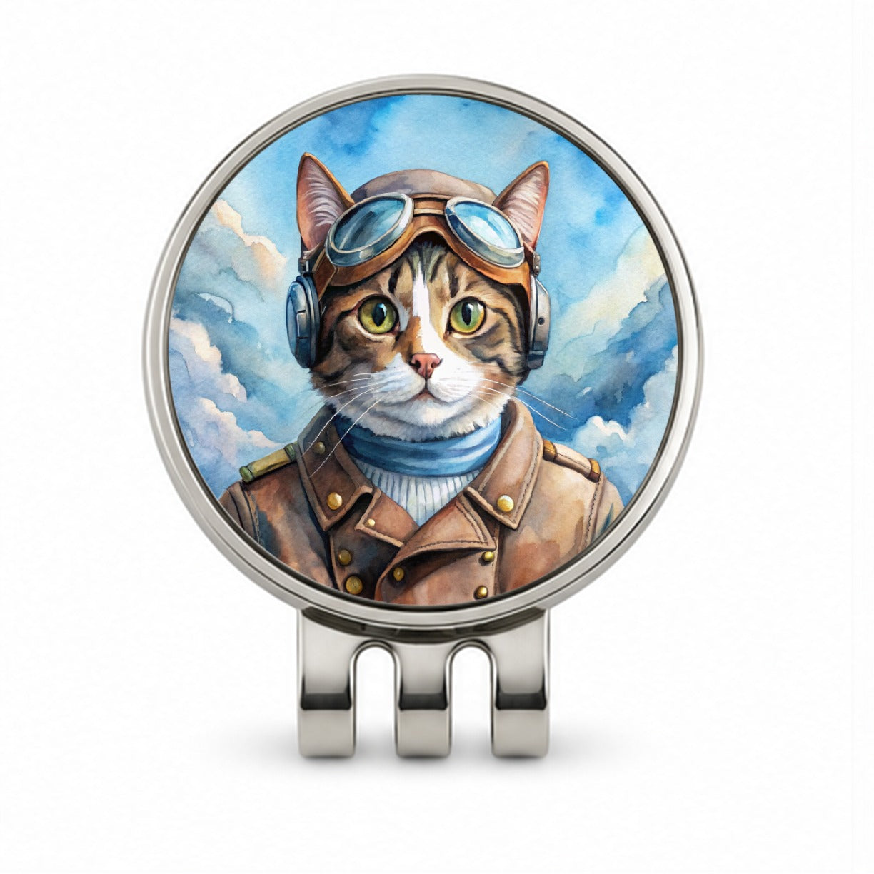 Pilot Cat Watercolor Golf Hat Clip with Ball Marker