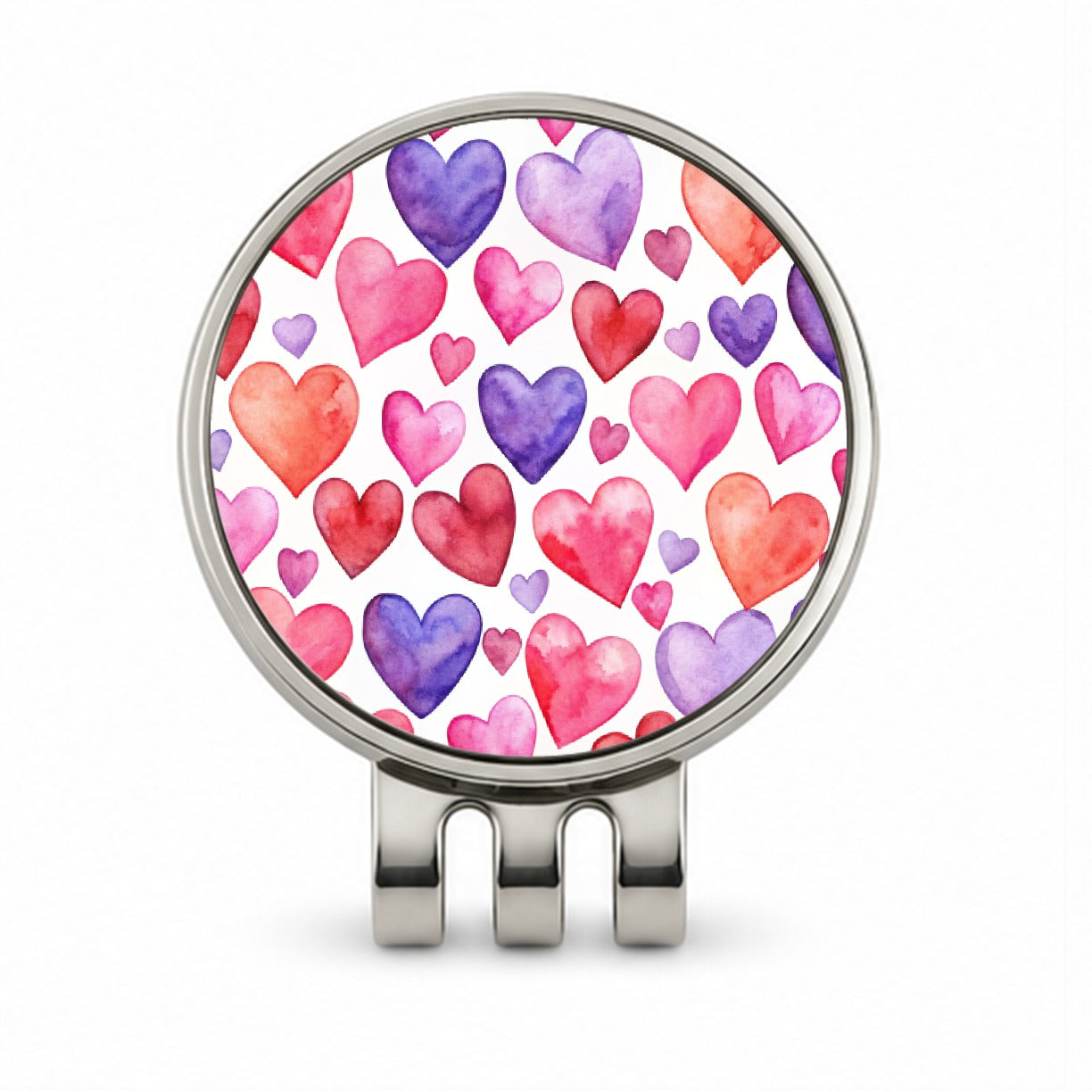 Pink Red Purple Hearts Watercolor Golf Hat Clip with Ball Marker
