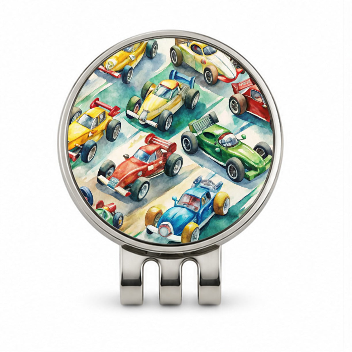 Race Cars Watercolor Golf Hat Clip with Ball Marker