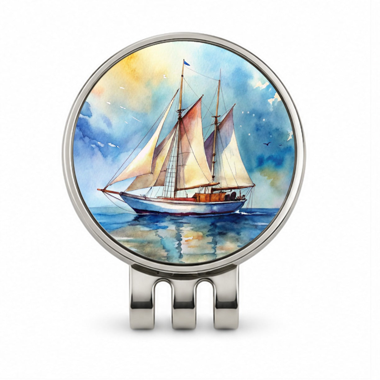 Sailboat At Sea Watercolor Design Golf Hat Clip with Ball Marker