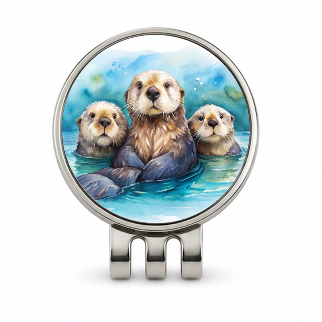 Sea Otters Watercolor Design Golf Hat Clip with Ball Marker