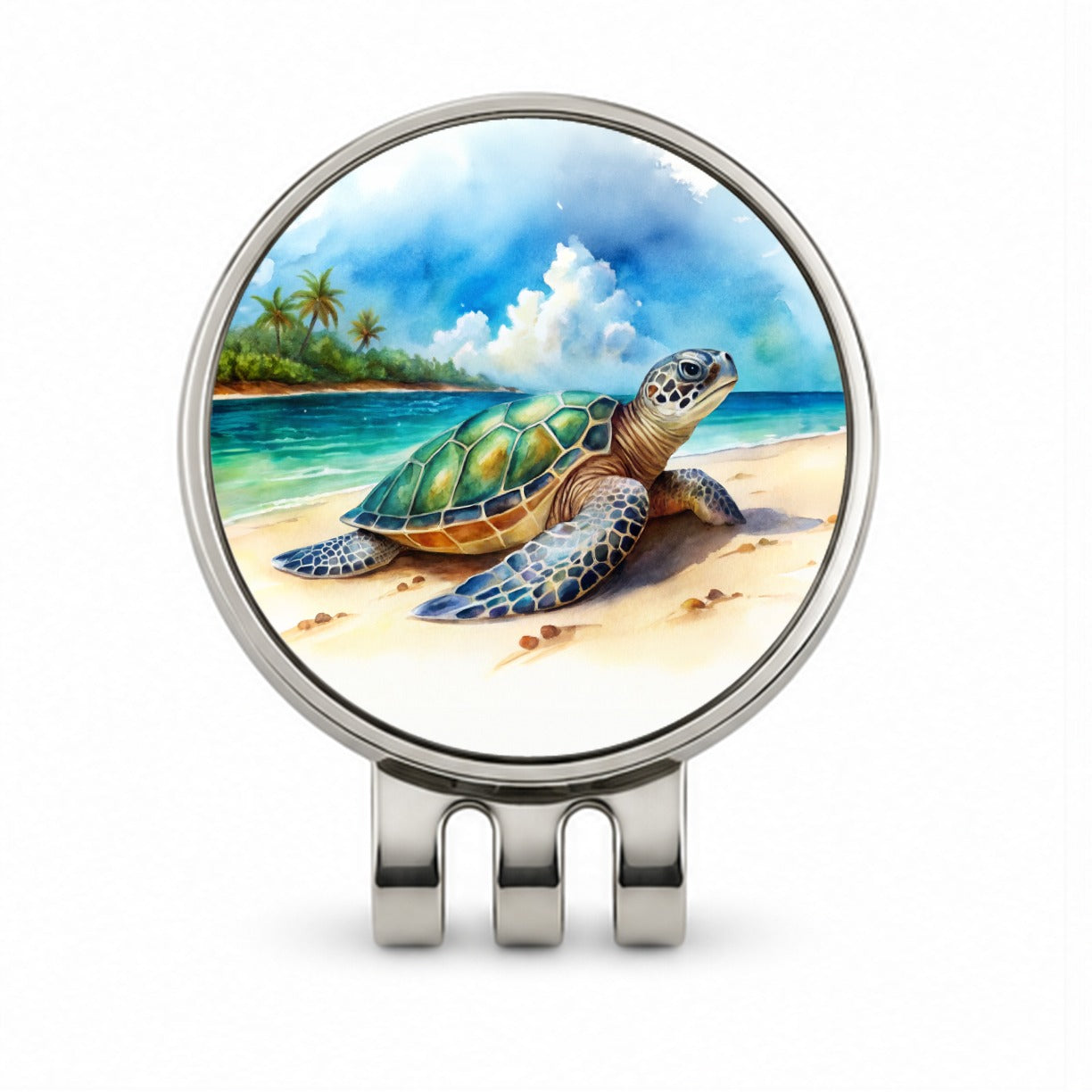 Sea Turtle Beach Watercolor Design Golf Hat Clip with Ball Marker
