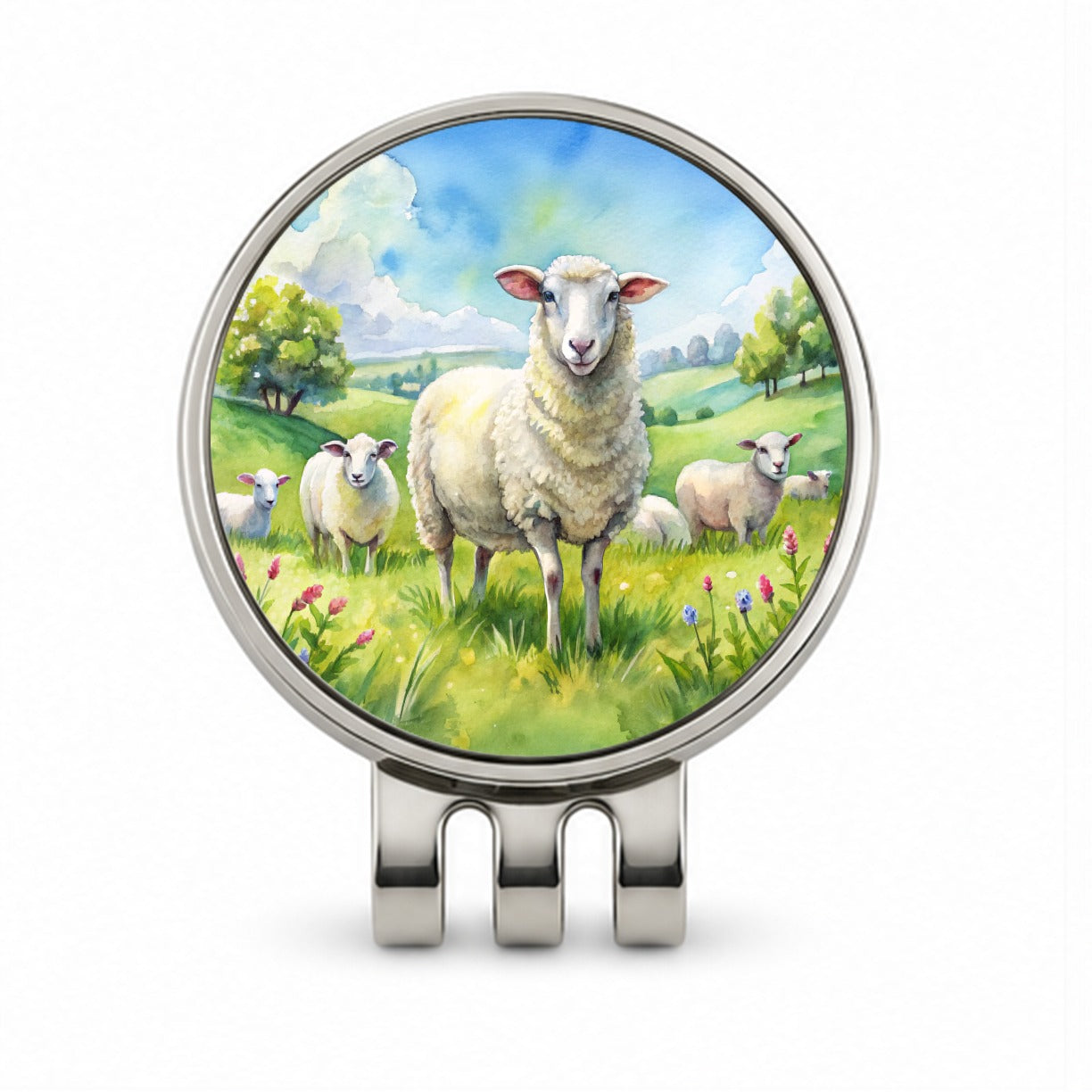 Sheep In Meadow Watercolor Design Golf Hat Clip with Ball Marker
