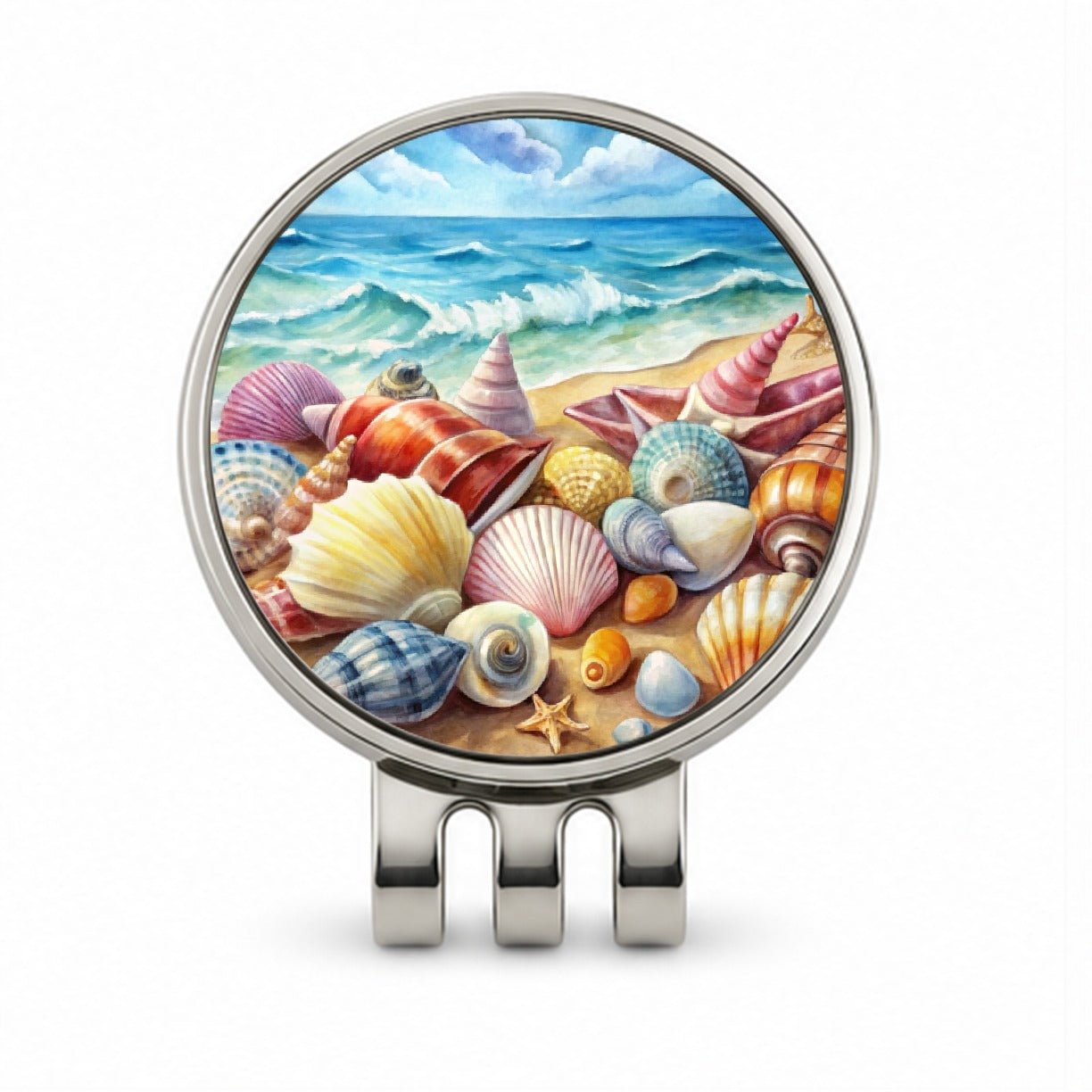 Shells Beach Watercolor Design Golf Hat Clip with Ball Marker