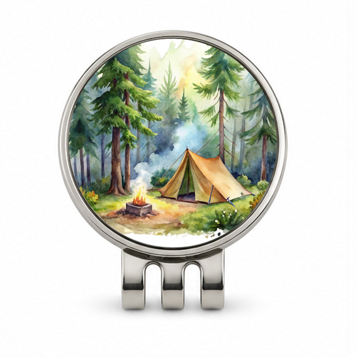 Solo Camping In Forest Watercolor Design Golf Hat Clip with Ball Marker