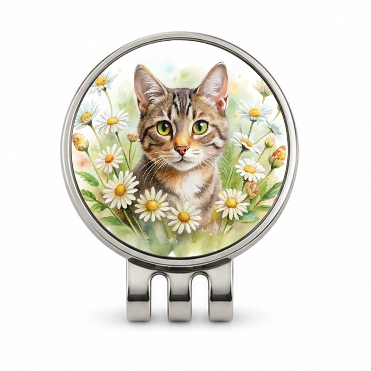 Tabby Cat Watercolor Design With Daisies Golf Hat Clip with Ball Marker