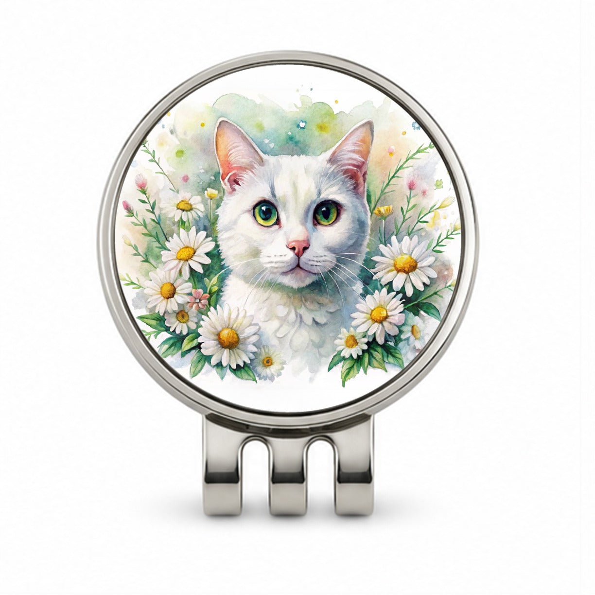 White Cat Watercolor Design With Daisies Golf Hat Clip with Ball Marker