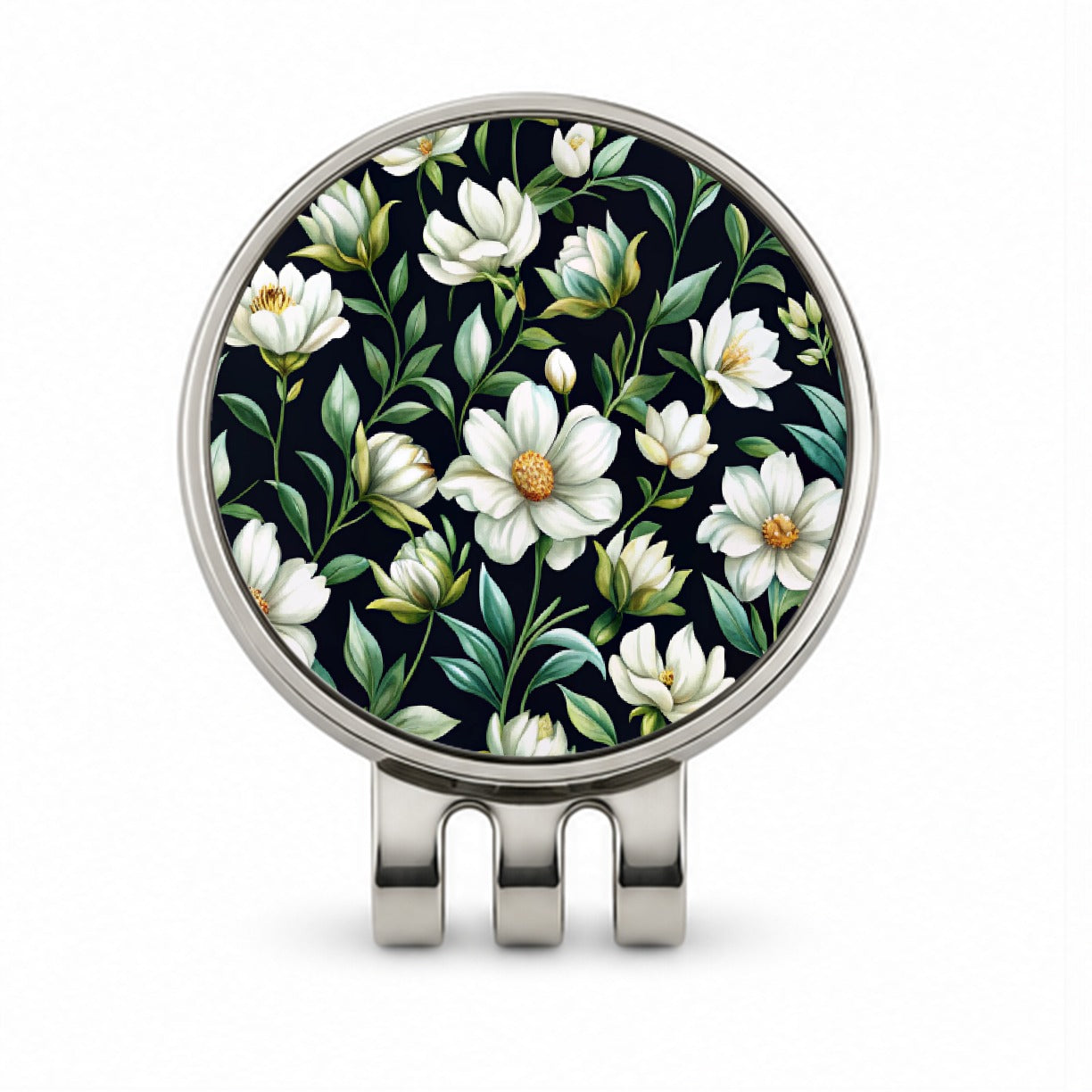 White Flowers Black Background Golf Hat Clip with Ball Marker