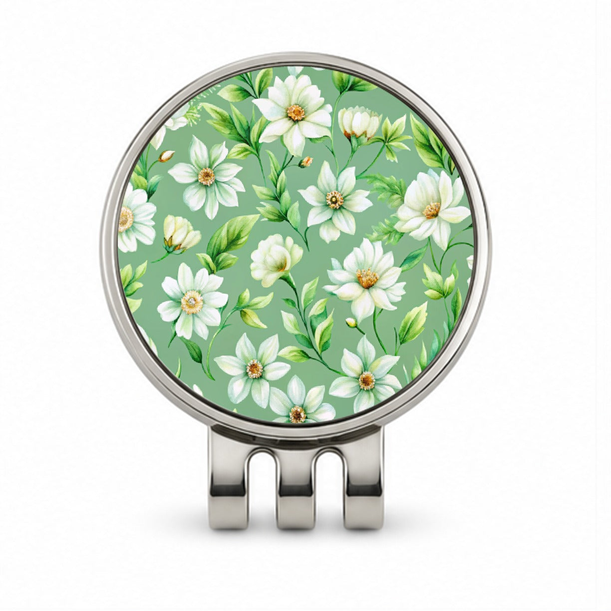 White Flowers Green Background Golf Hat Clip with Ball Marker