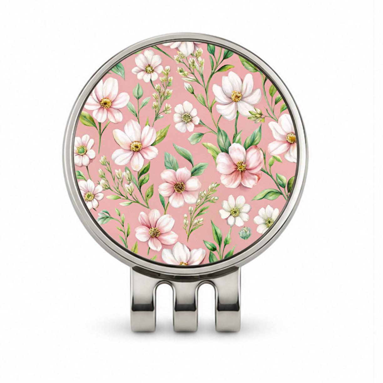 White Flowers Pink Background Golf Hat Clip with Ball Marker