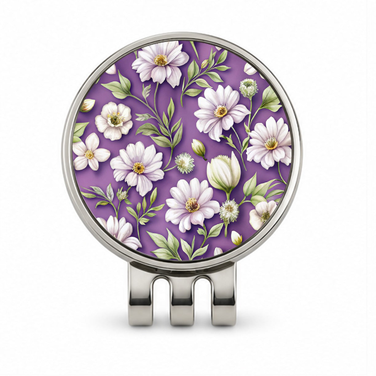 White Flowers Purple Background Golf Hat Clip with Ball Marker