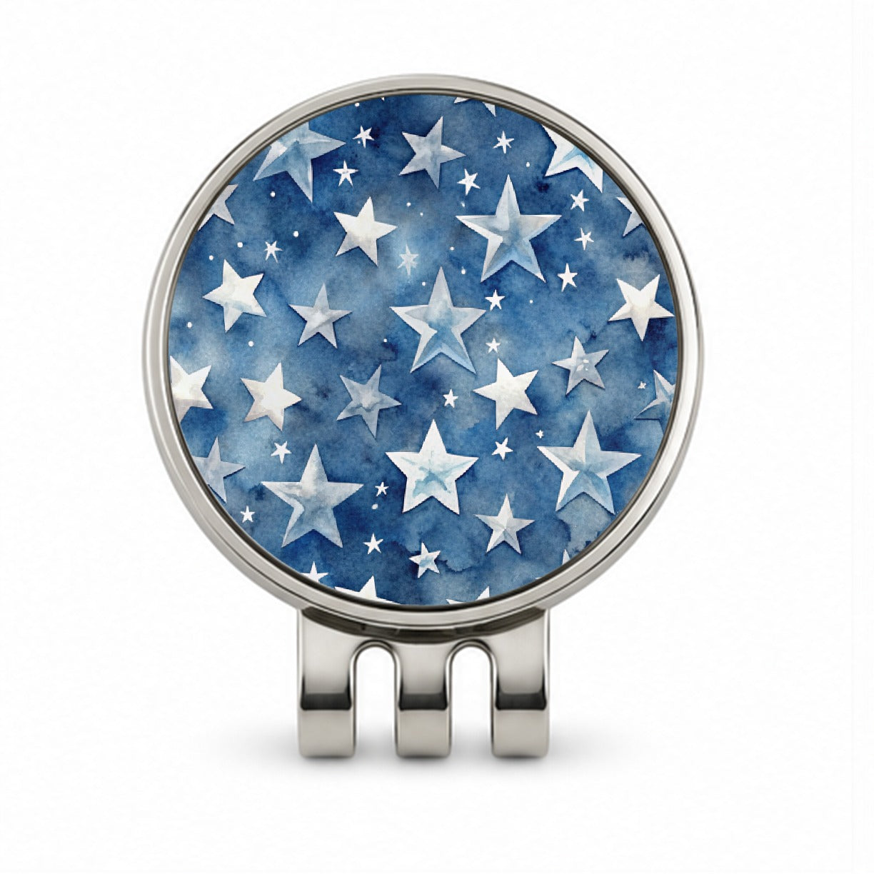 White Stars Blue Background Watercolor Golf Hat Clip with Ball Marker