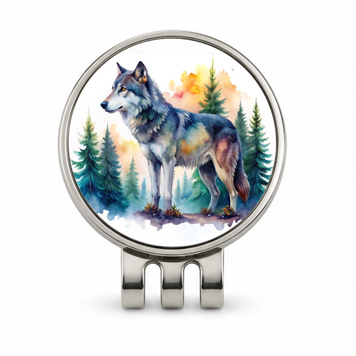 Wolf In Forest Watercolor Design Golf Hat Clip with Ball Marker