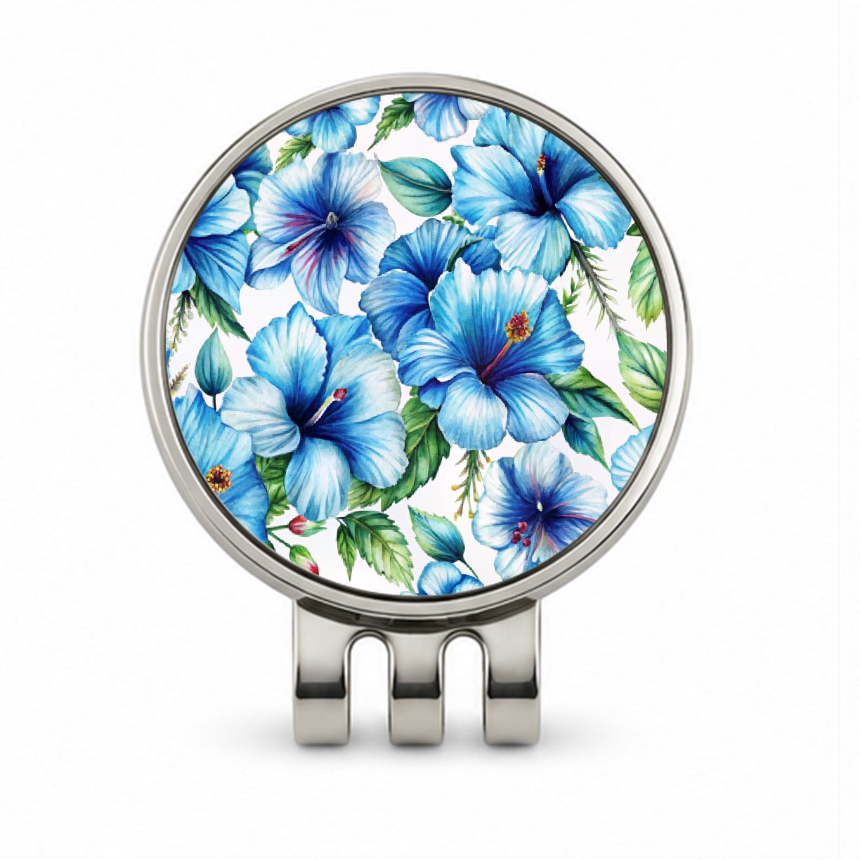 Blue Hibiscus Flowers Watercolor Golf Hat Clip with Ball Marker