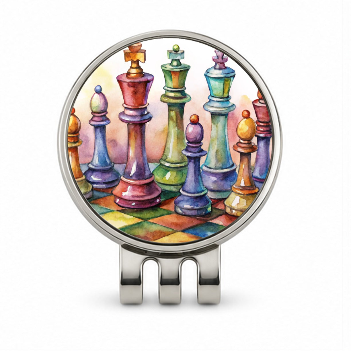 Chess Pieces Colorful Watercolor Golf Hat Clip with Ball Marker