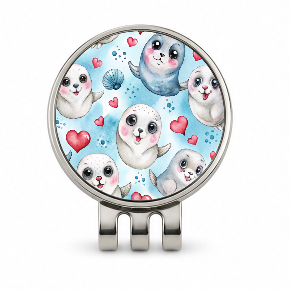 Cute Harp Seals And Hearts Watercolor Golf Hat Clip with Ball Marker