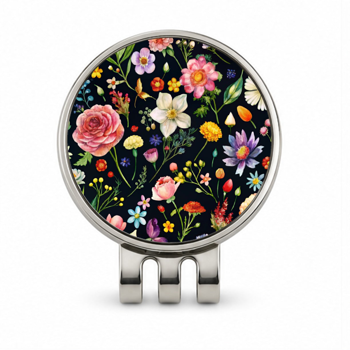 Flowers Black Background Watercolor Golf Hat Clip with Ball Marker