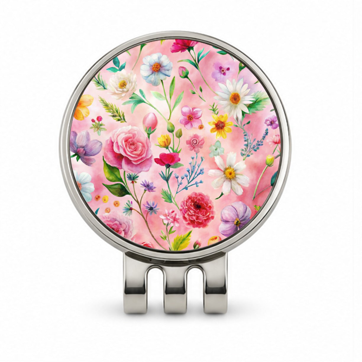 Flowers Pink Background Watercolor Golf Hat Clip with Ball Marker