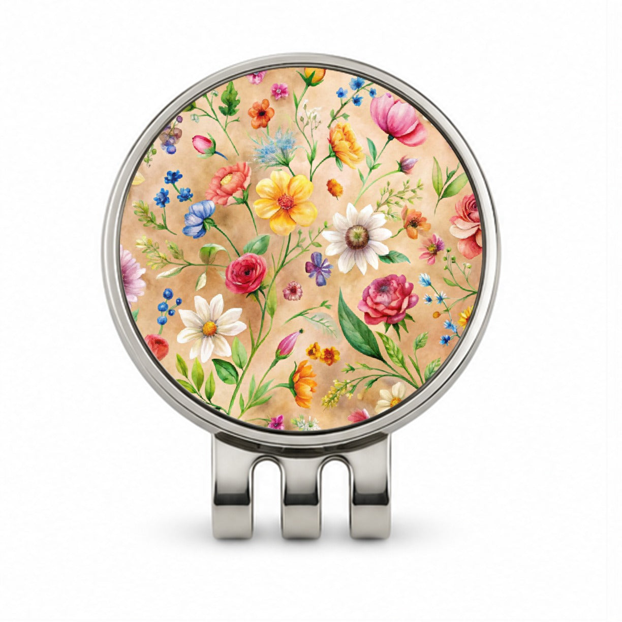 Flowers Tan Background Watercolor Golf Hat Clip with Ball Marker