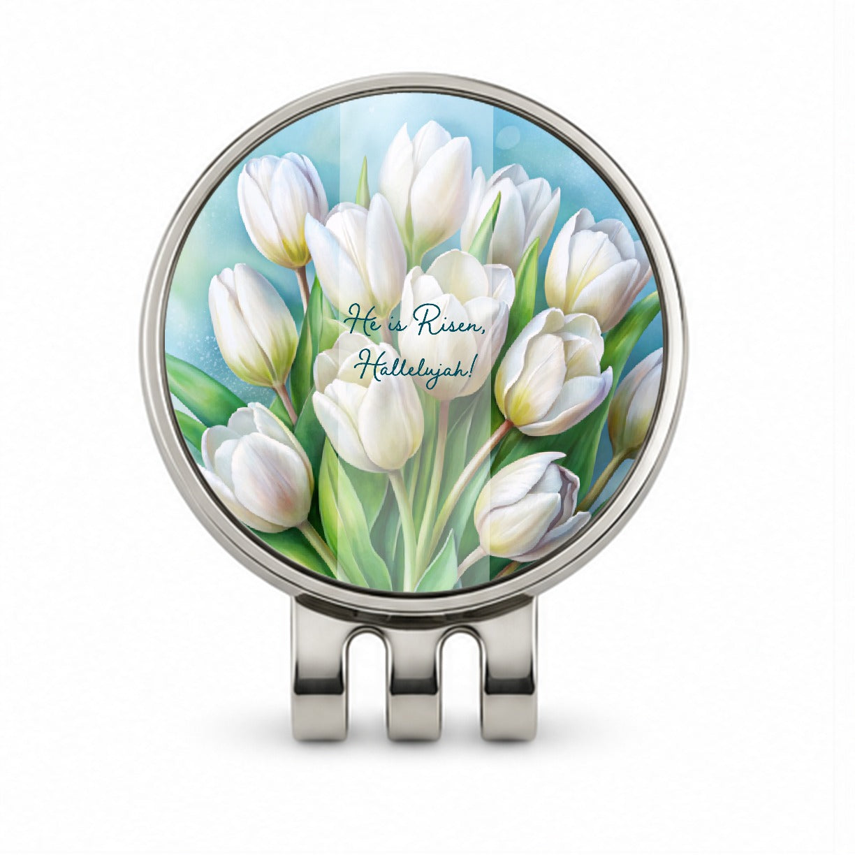 He Is Risen Hallelujah Easter Christian White Tulips Flowers Golf Hat Clip with Ball Marker