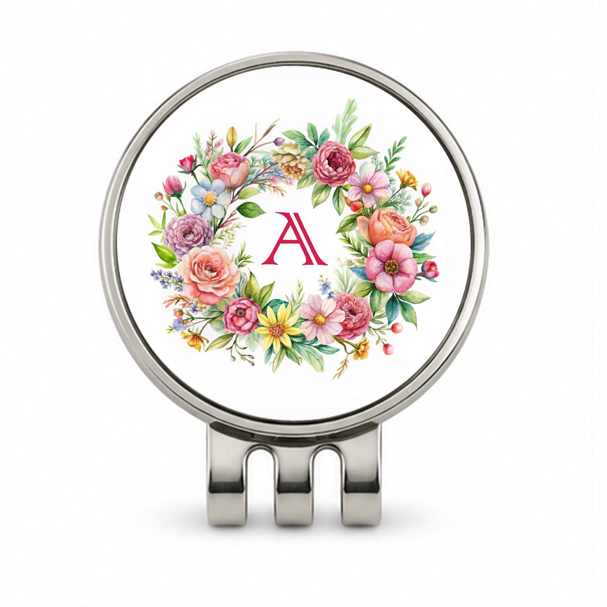 Letter A Initial Monogram Flowers Floral Golf Hat Clip with Ball Marker