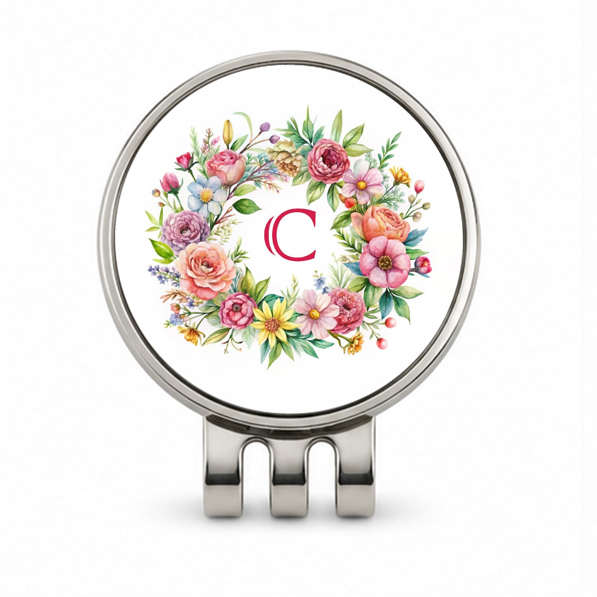 Letter C Initial Monogram Flowers Floral Golf Hat Clip with Ball Marker