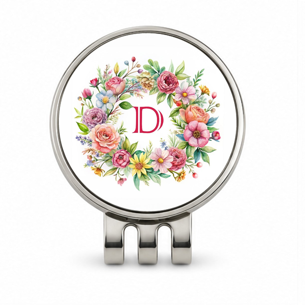 Letter D Initial Monogram Flowers Floral Golf Hat Clip with Ball Marker