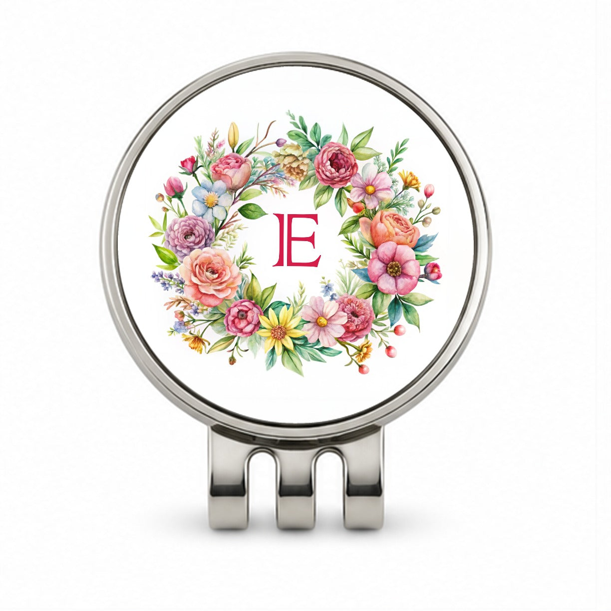 Letter E Initial Monogram Flowers Floral Golf Hat Clip with Ball Marker