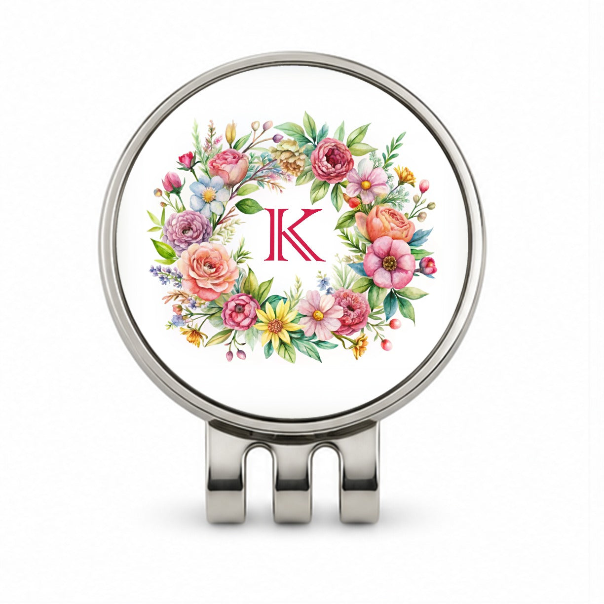 Letter K Initial Monogram Flowers Floral Golf Hat Clip with Ball Marker