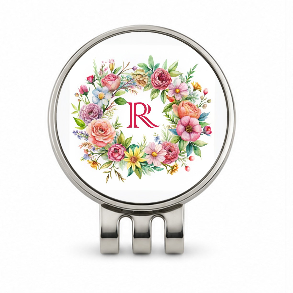 Letter R Initial Monogram Flowers Floral Golf Hat Clip with Ball Marker