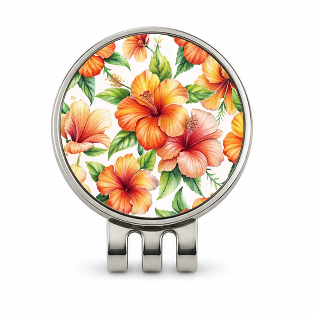 Orange Hibiscus Flowers Watercolor Golf Hat Clip with Ball Marker