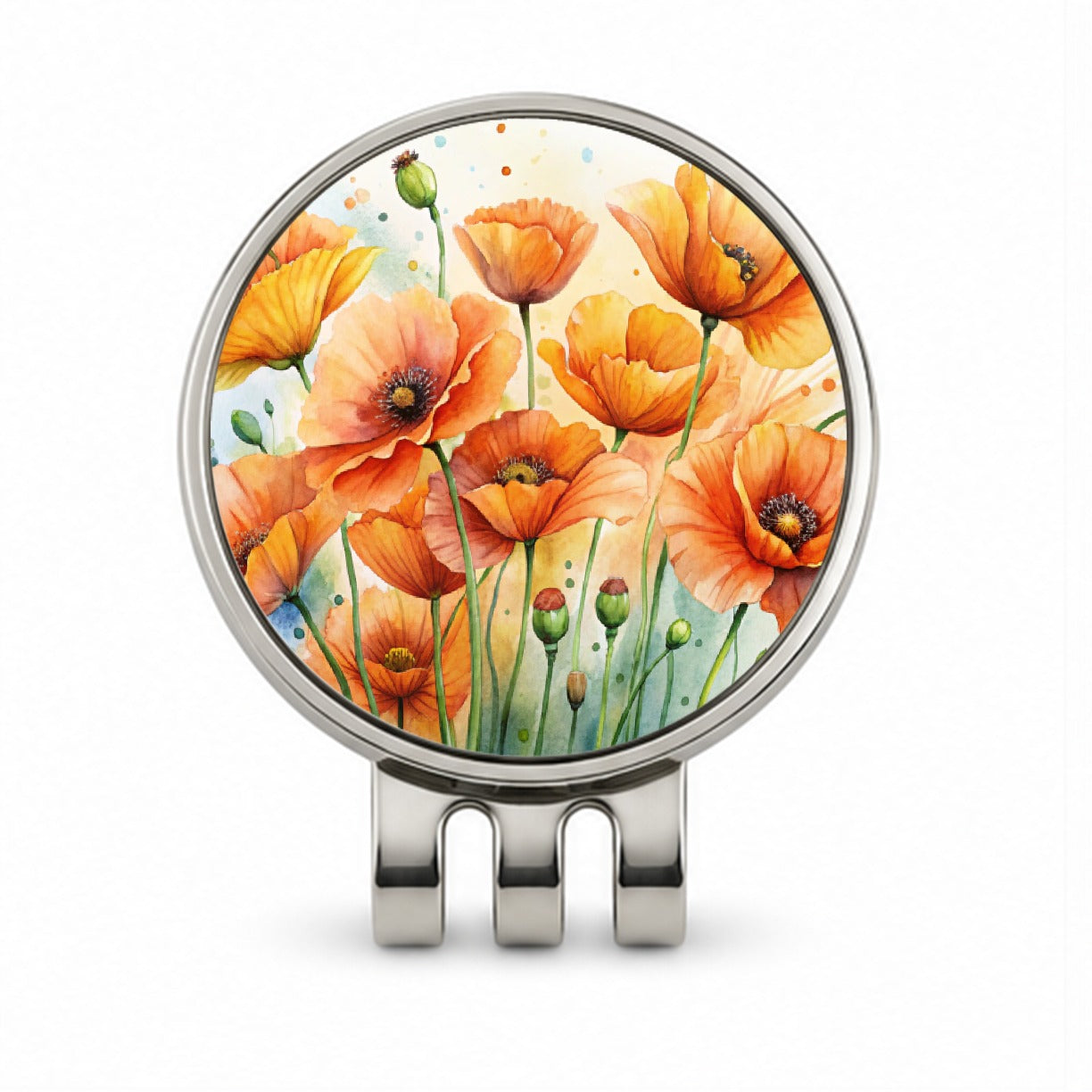 Orange Poppies Flowers Watercolor Golf Hat Clip with Ball Marker