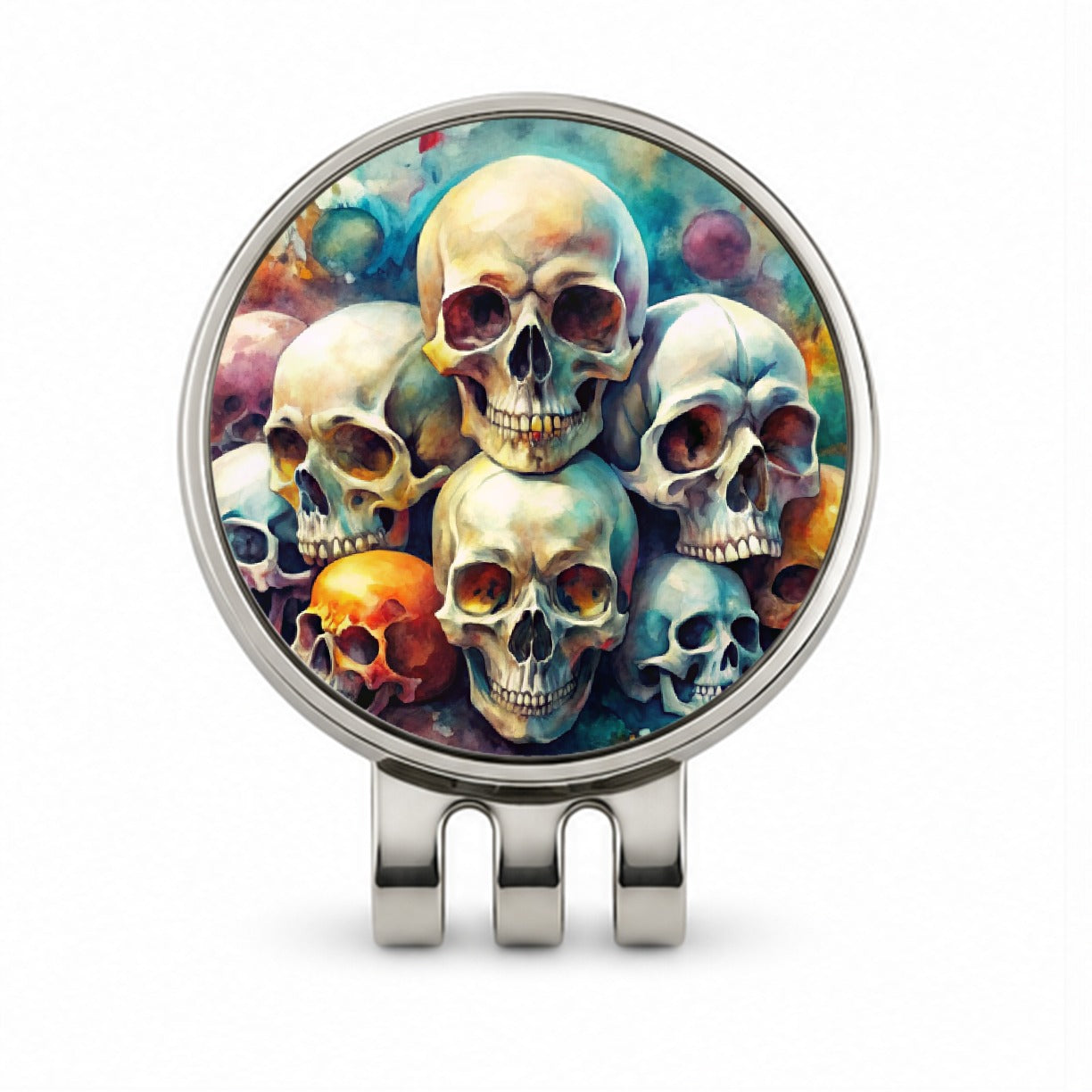 Overlapping Skulls Watercolor Golf Hat Clip with Ball Marker