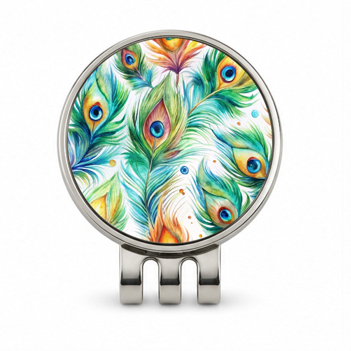 Peacock Feathers Watercolor Golf Hat Clip with Ball Marker