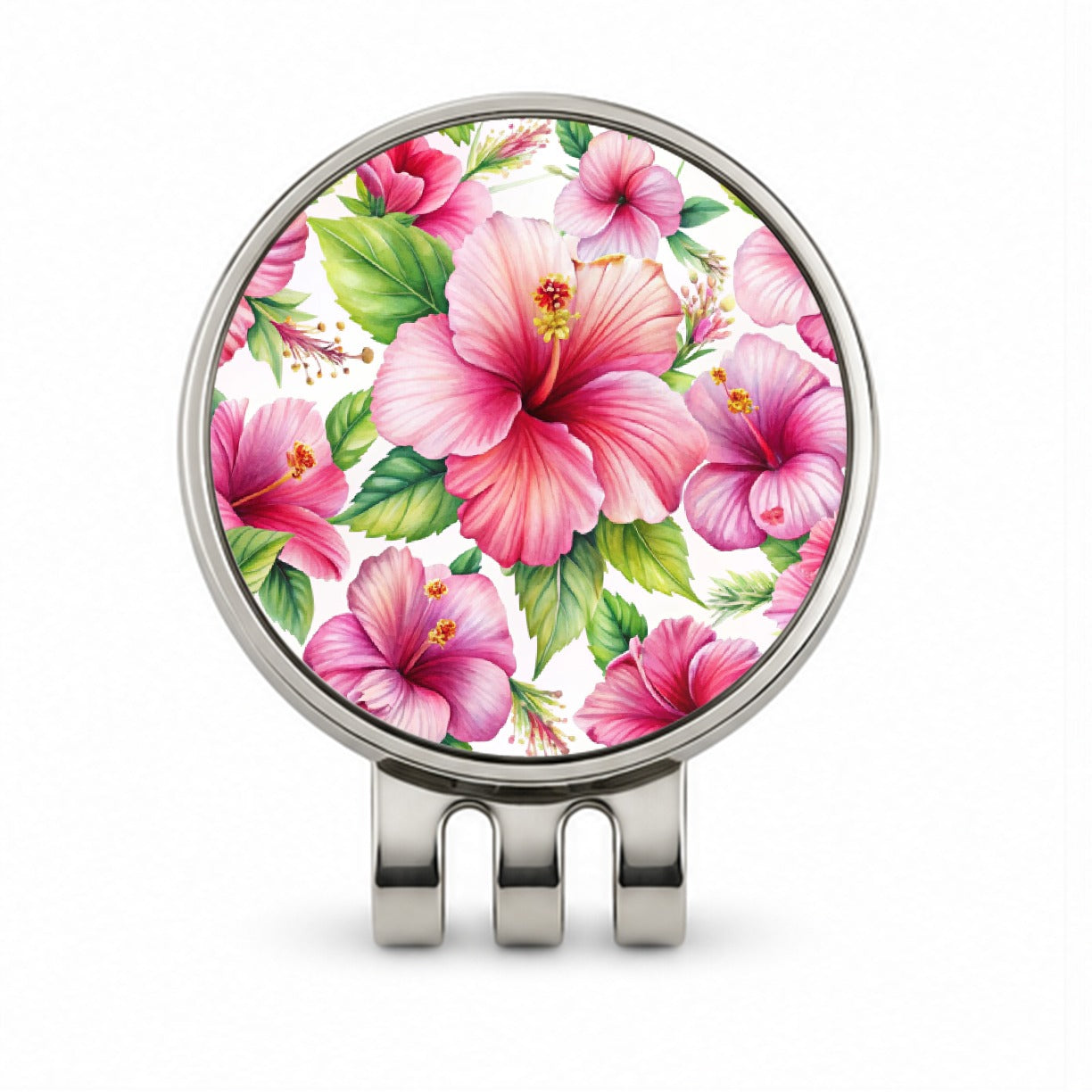 Pink Hibiscus Tropical Flowers Watercolor Golf Hat Clip with Ball Marker