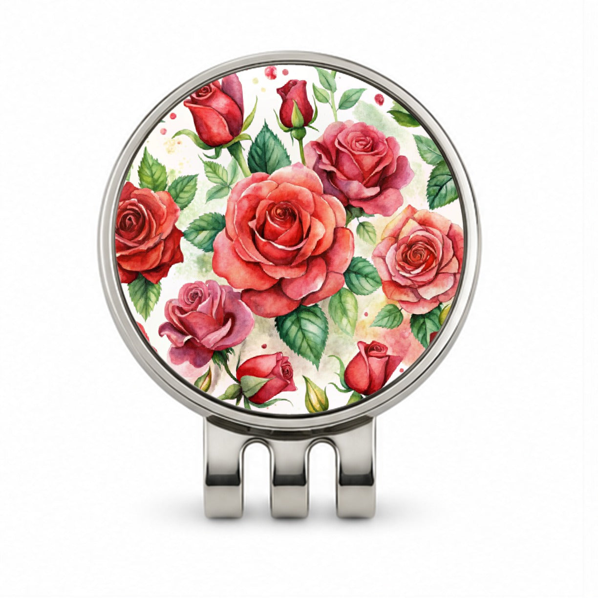 Red Roses Flowers Watercolor Golf Hat Clip with Ball Marker