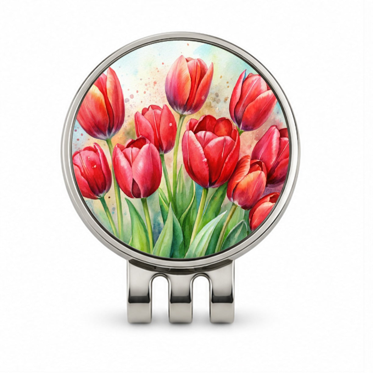 Red Tulips Flowers Watercolor Golf Hat Clip with Ball Marker