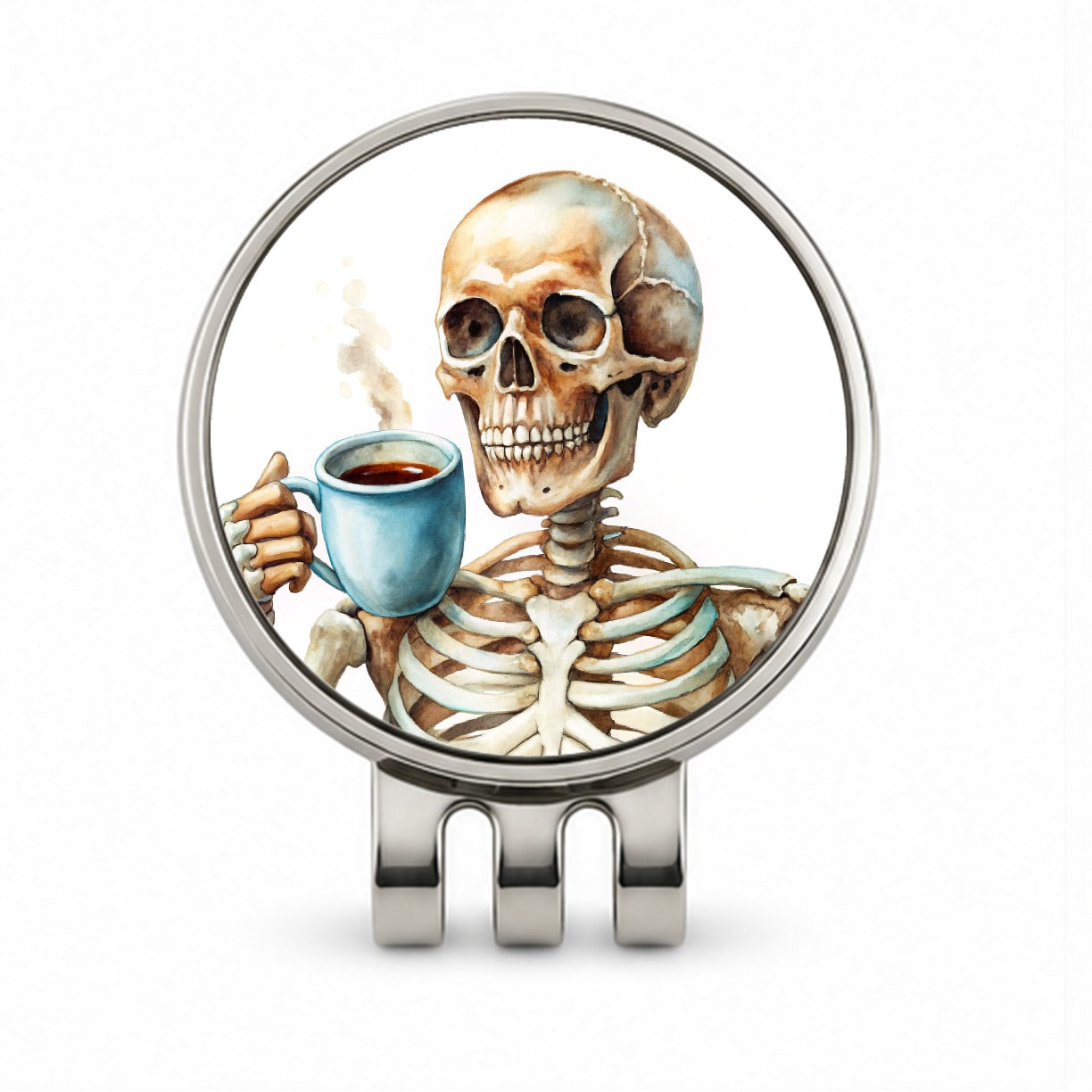 Skeleton Drinking Coffee Watercolor Golf Hat Clip with Ball Marker